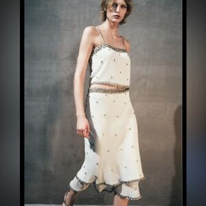 (TOP AND BOTTOM NWT) Embellished Cream Midi Skirt Set with Metallic Trim